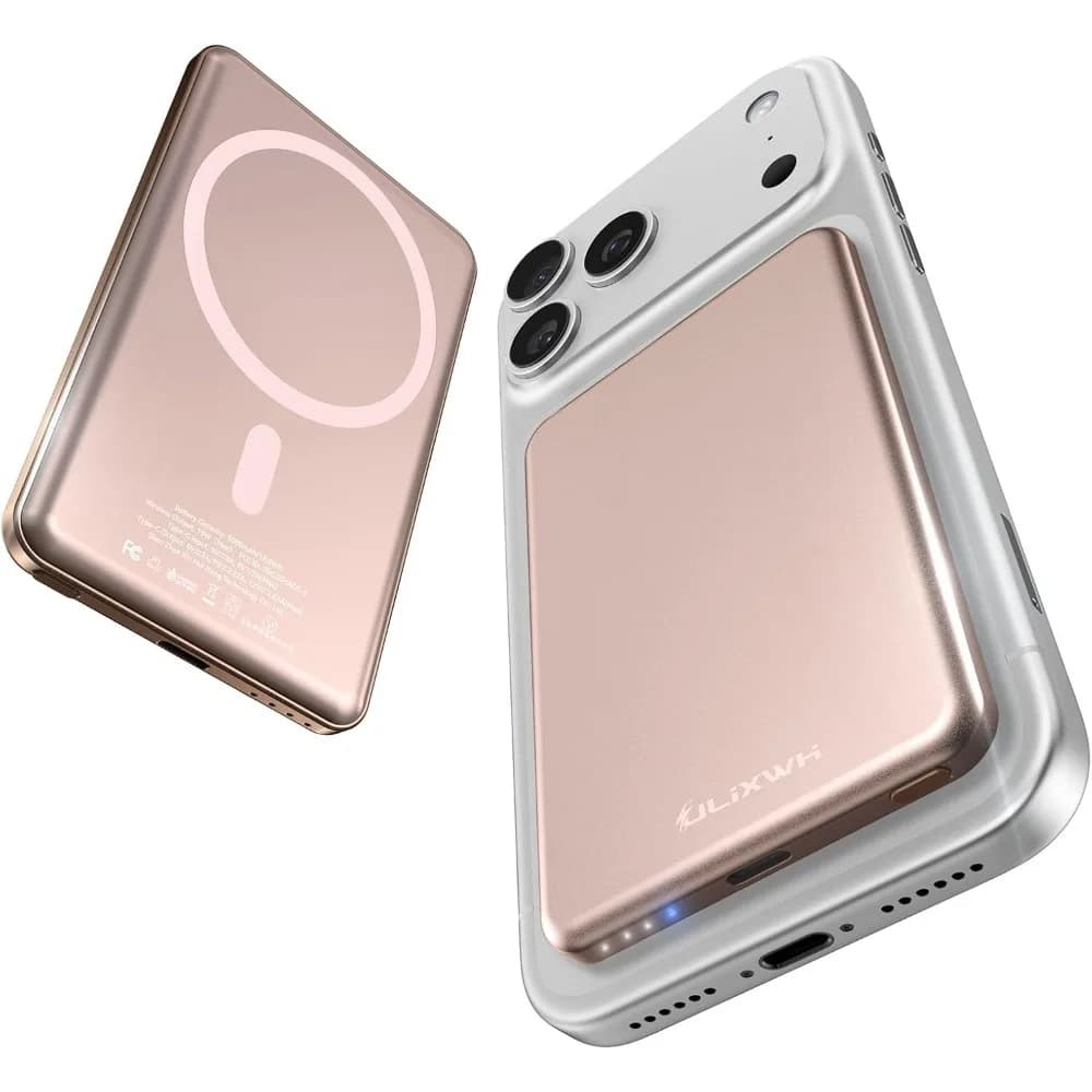 Ultra Slim 0.3" Alloy Portable Charger with 5000mAh Fast Charging and Magsafe for iPhones, Wireless Power Bank in Pink