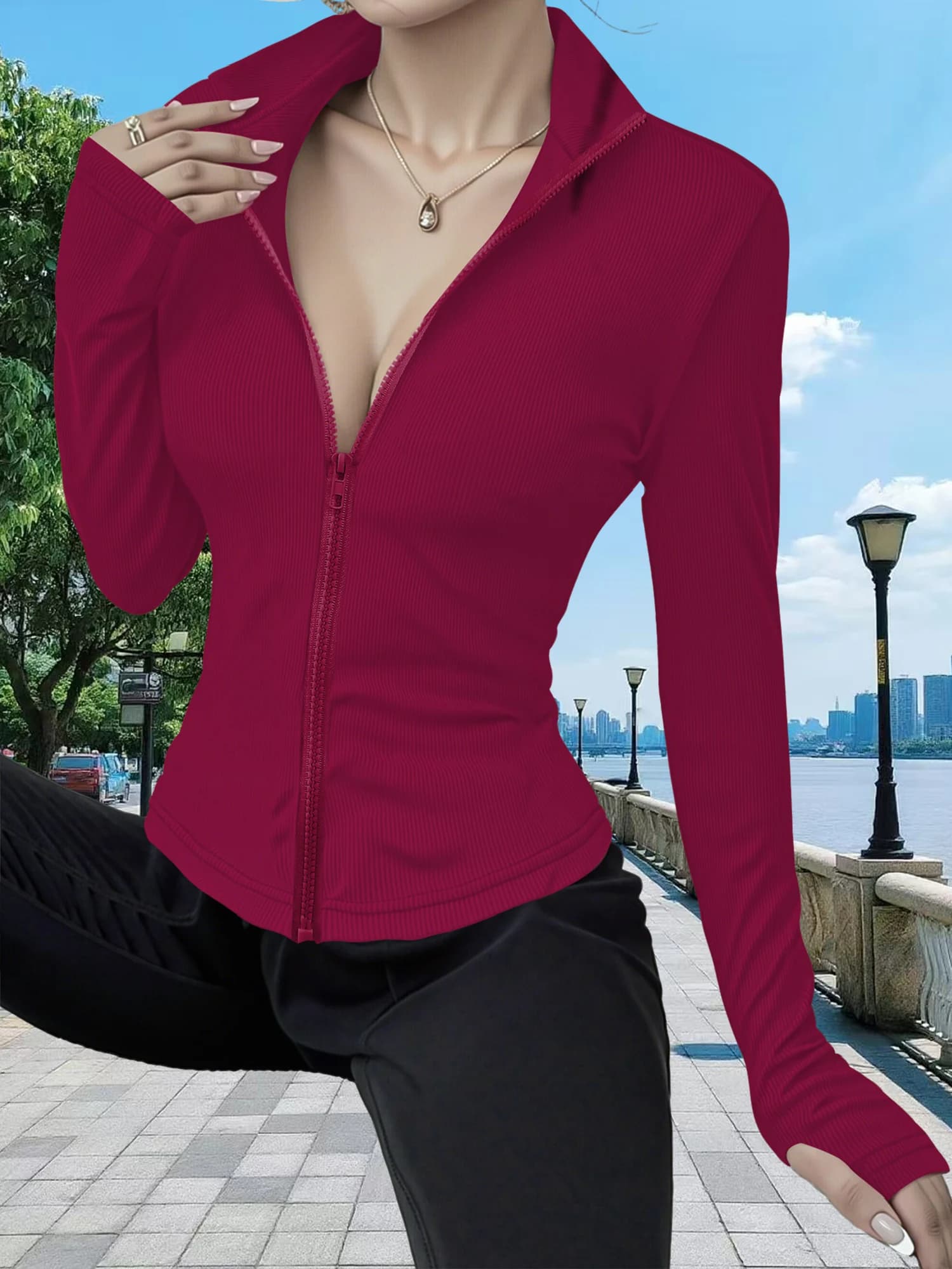 Form-Fitting Ribbed Full-Zip Workout Jacket, High Neck Long Sleeve Top with Thumb Loops for Gym & Studio Training