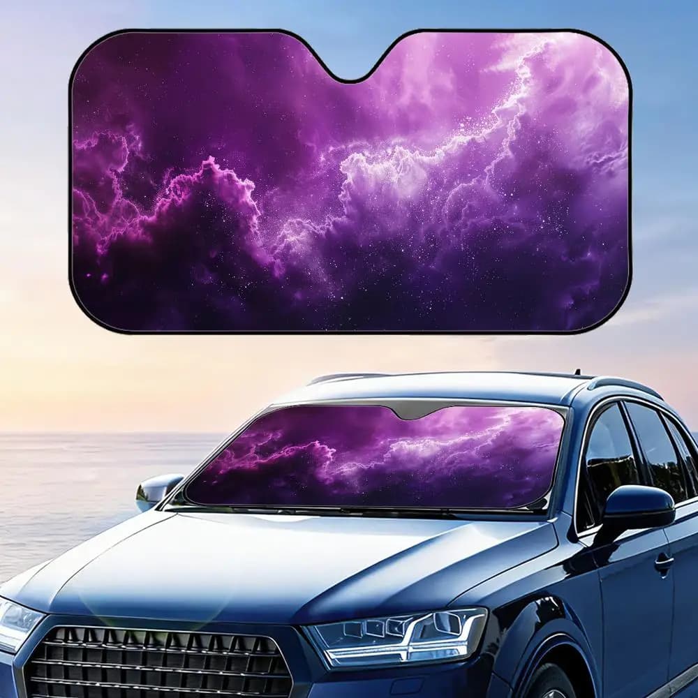Parasole per Auto in Alluminio Riutilizzabile con Motivo Galassia Viola, Protezione UV e Isolamento Termico per Parabrezza