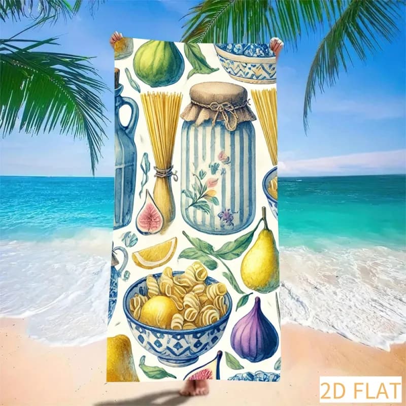 Tuscan Food Art Beach Towel - Super Absorbent Quick Dry Microfiber with Pasta Fig Lemon Print, Soft Sand Free Blanket for Picnic
