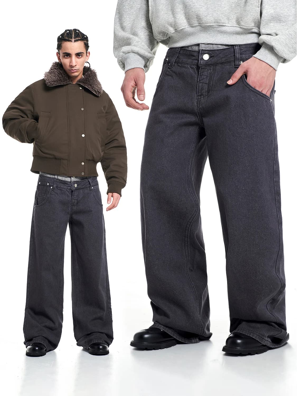 American Retro Design Wide Leg Straight Cut Jeans False Two-Piece Double Waist Head Versatile Trendy Polyester Cotton Blend