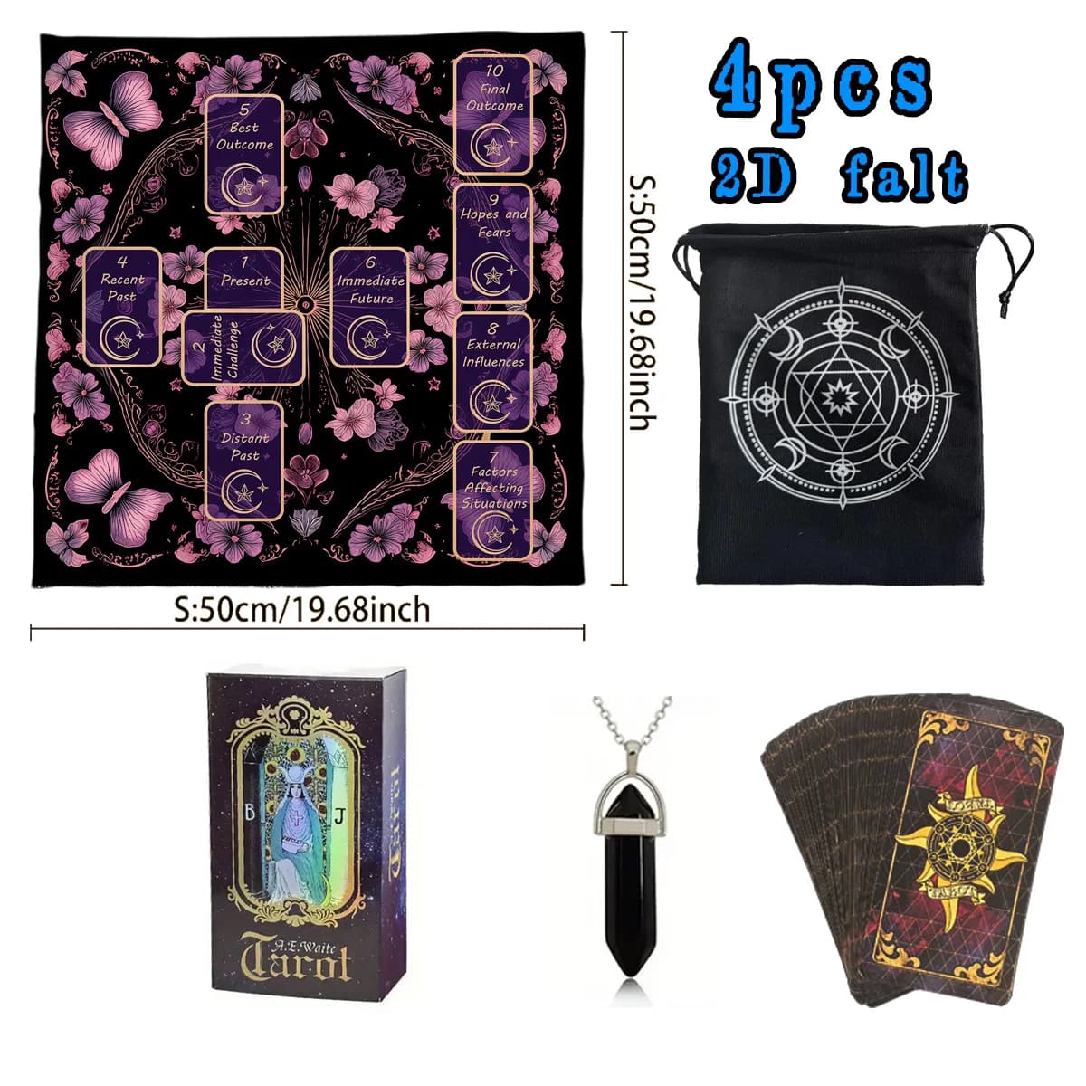 4pcs Mysterious Celtic Cross Tarot Card Set 1 Set of 78 Queen Tarot Cards 1 Tarot Tablecloth 1 Storage Bag 1 Purple Pendant