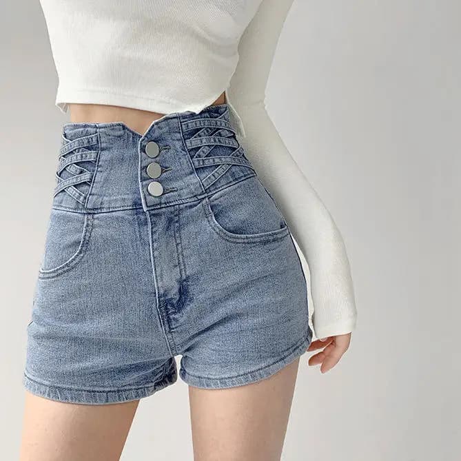 Shorts in jeans a vita alta da donna, modello estivo alla moda, a gamba larga, con controllo pancia, pantaloncini corti a gamba larga