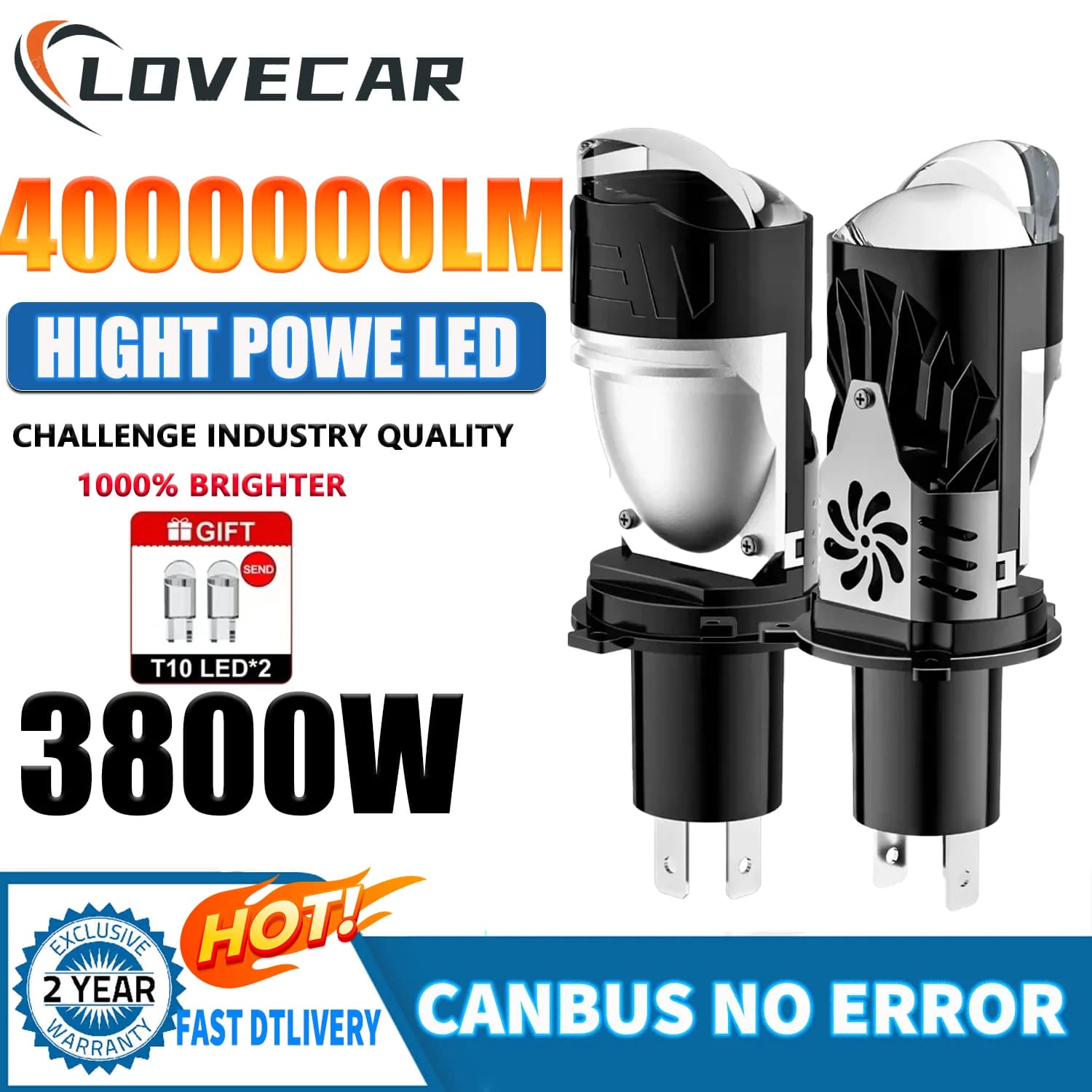 LOVECAR 3800W H4 Super Bright Bi LED Mini Lente per proiettore LED Lampadine per fari per auto Plug and Play 6500K per fendinebbia a LED