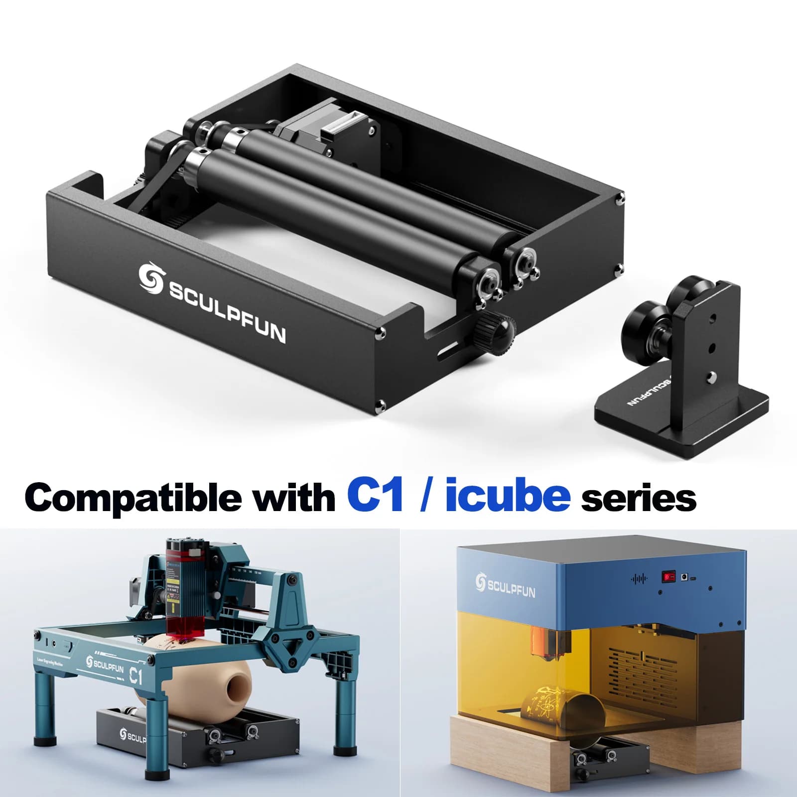 SCULPFUN RA Mini Rullo Rotante Per iCube Ultra/serie iCube/incisore Laser C1 Albero in Gomma Antiscivolo, intaglio ad alta precisione