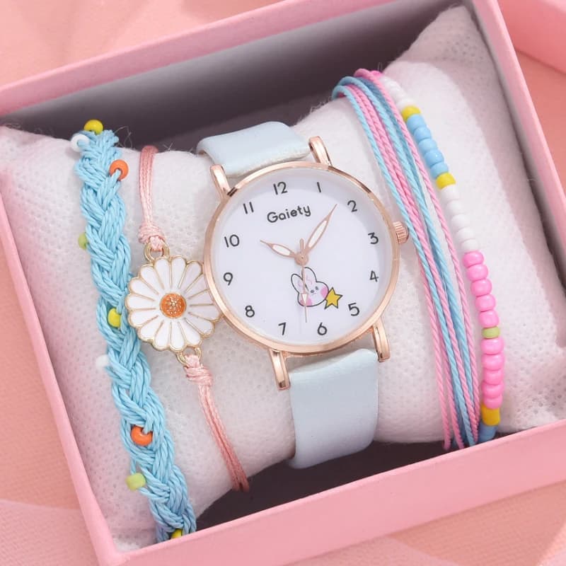 2/5 pezzi orologio da donna braccialetto set in pelle carino coniglio ragazze orologio da polso moda donna orologio al quarzo Reloj Mujer regalo degli studenti