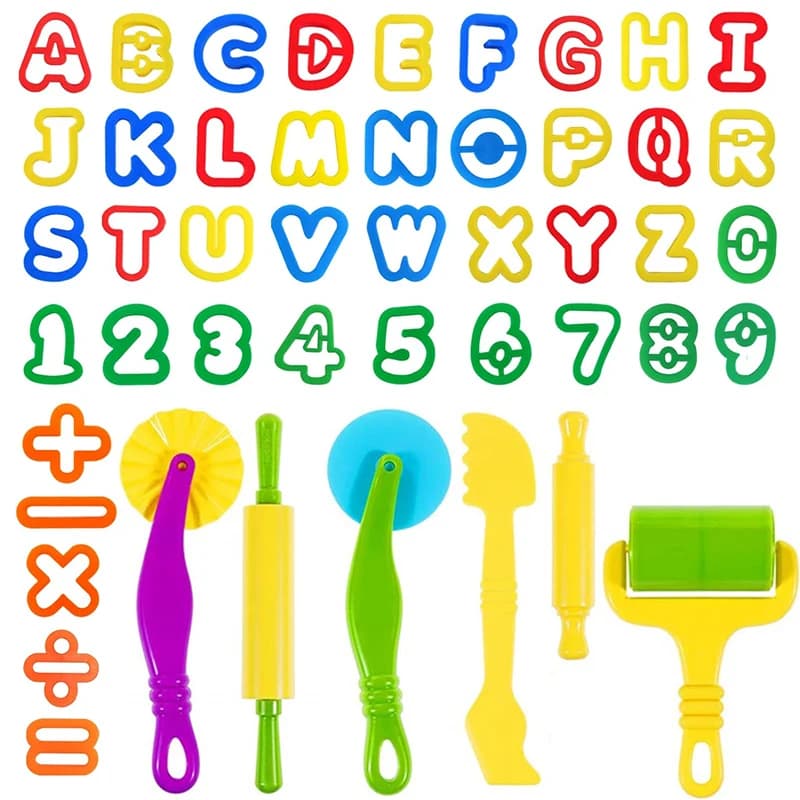 Strumenti per pasta da gioco Set di pasta da gioco per bambini lettere numeri simboli rullo da taglio alfabeto timbri per pasta da gioco accessori per argilla giocattolo fai da te