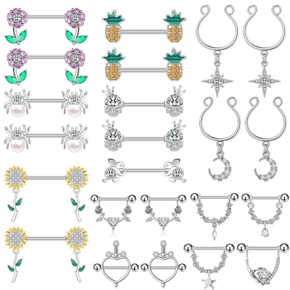2pcs Mixed-Style Nipple Ring Sets Fashion Elepant Rabbit Flower Nipple Piercing Jewelry Sparkly Crystal Shiled Barbell Rings