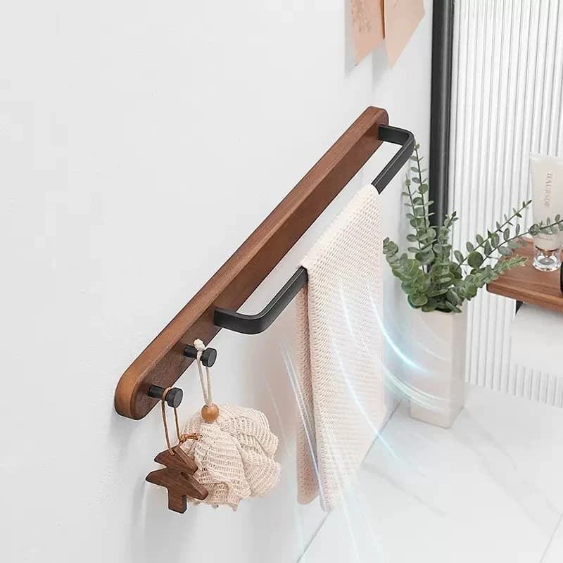 Portasciugamani da bagno in noce con gancio Appendiabiti da toilette a parete Portasciugamani in legno Portasciugamani da bagno nero Accessori da bagno