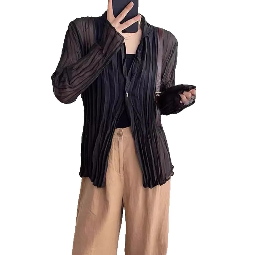 Cardigan Miyake con Bottone Singolo per Donne, Nuova Collezione Estate 2025, Leggero, Manica Lunga, Abbigliamento Protettivo dal Sole, Chic