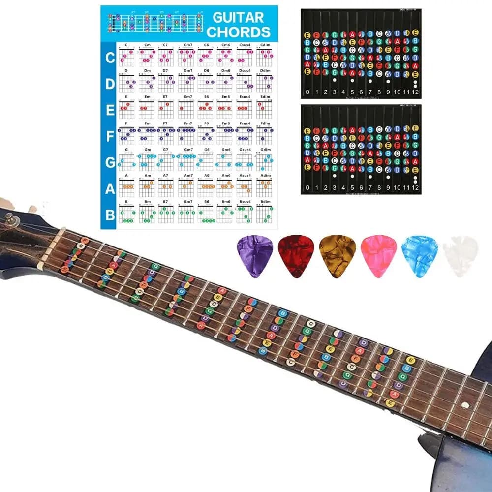 Color Coded Guitar Chord Poster Coated Paper Non-Tearing Chord Fingering Diagram 6 Guitar Picks Printed Vinyl Paper