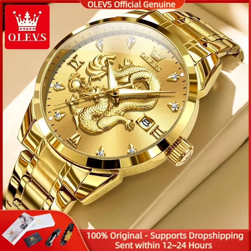 OLEVS 3619 Men's Watch Luxury Golden Dragon Clock Stainless Steel Calendar Brand Men's Quartz Watch With Diamonds Watch