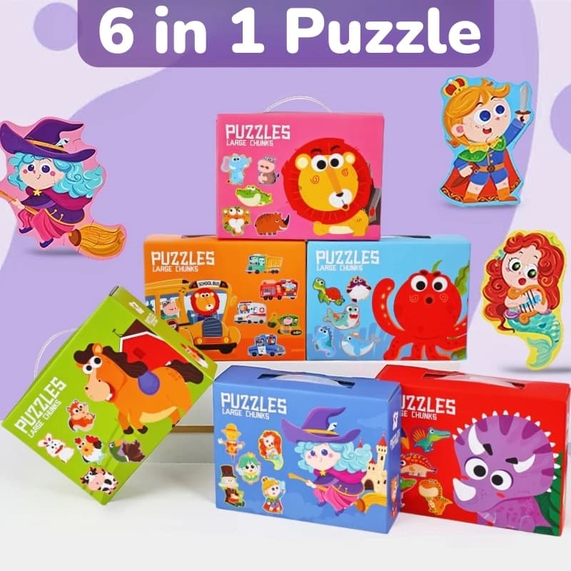 Confezione regalo puzzle sei in uno, giocattoli educativi per la prima infanzia, puzzle di difficoltà da principiante a avanzato, attività e giochi interattivi divertenti con molteplici temi come fiabe, animali, oceano, trasporti e dinosauri, adatti come regalo per ragazzi e ragazze dai tre anni in su.