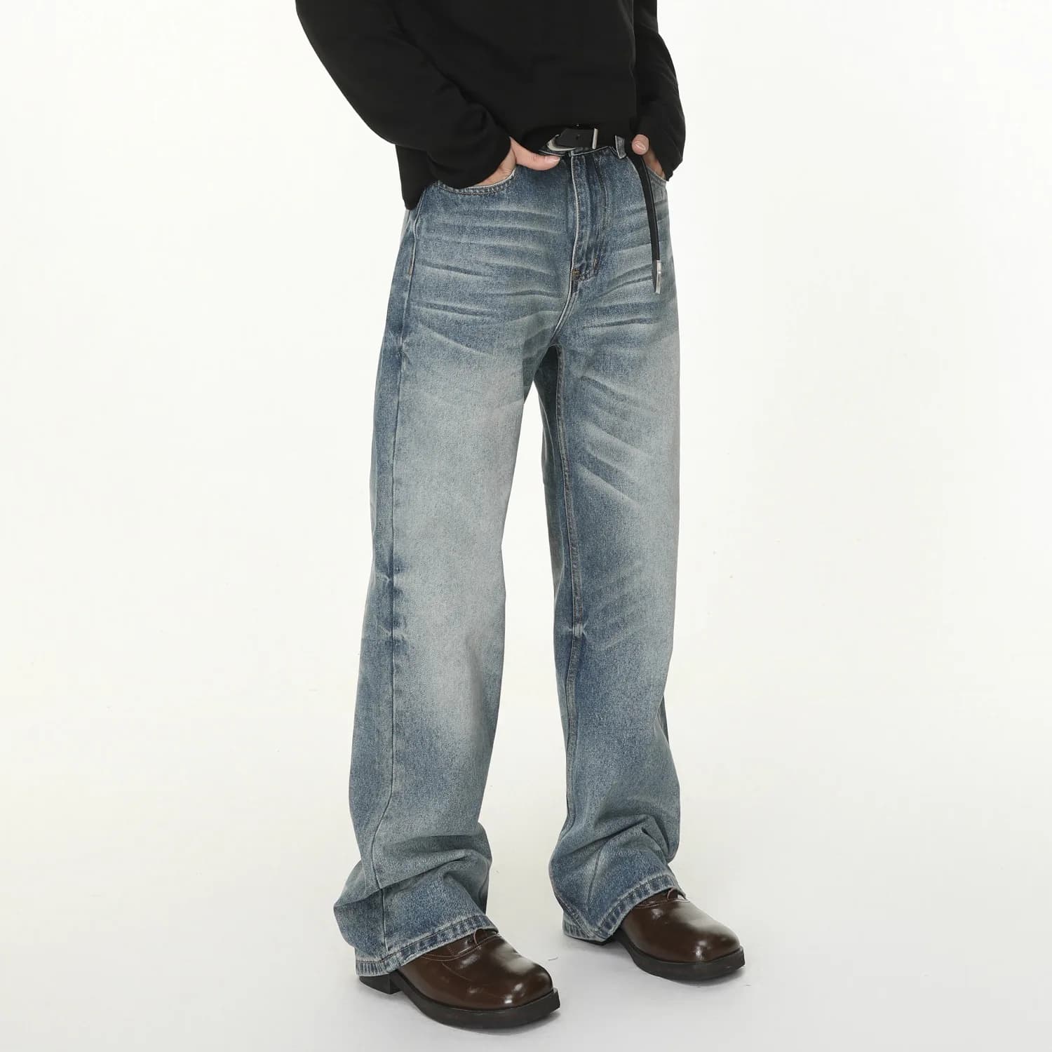 American New Fashion Men's Light Blue Casual Trendy Simple Basic Daily Wide Leg Straight Denim Trousers Male Clothes Jeans Pants