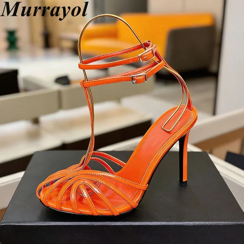 Sandals Shiny Leather Thin High-Heels Women Round Toe Narrow Band Ankle Strap Sandalias Mujer Ladies Summer Party Dress Shoes