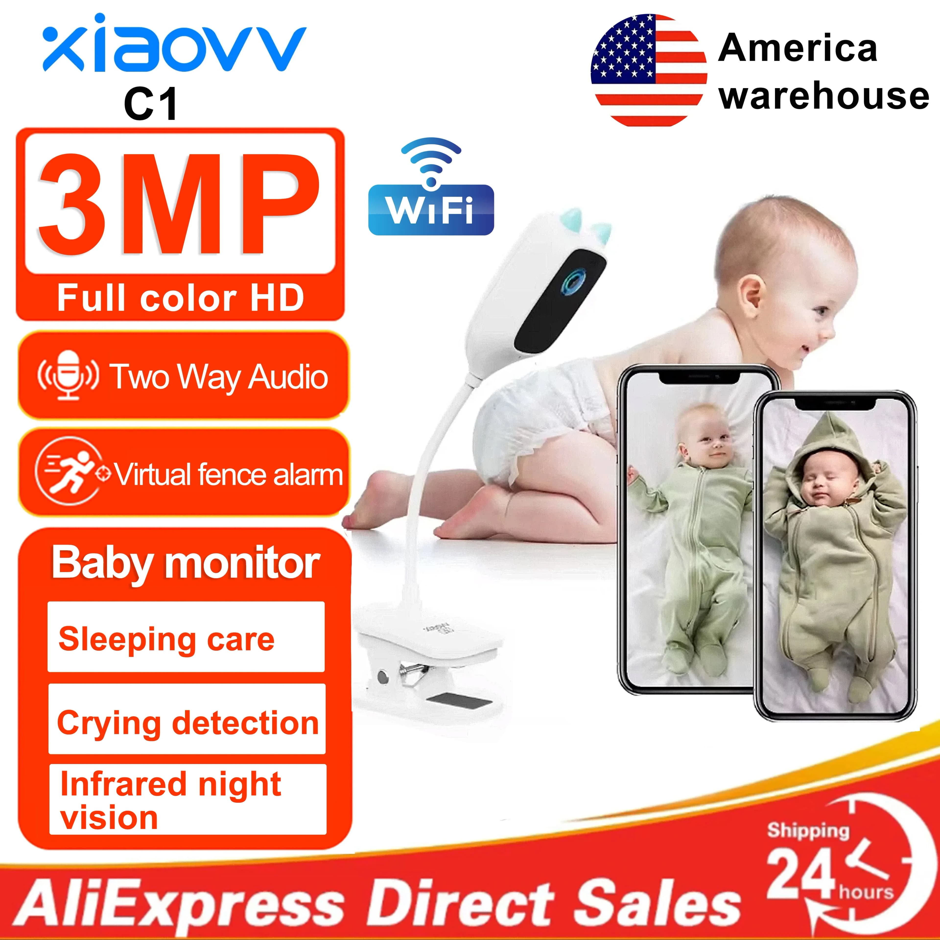 XIAOVV 3MP 2K 2.4GHz WiFi Domestic Security Mini IP Camera Smart CCTV Pets Camera Monitor Video for Kids Surveillance Camera 24/7