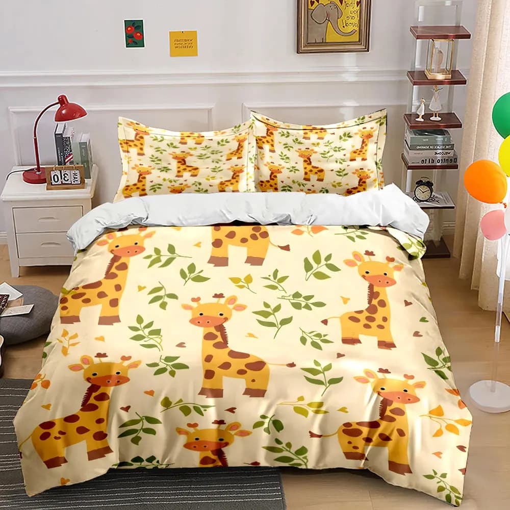 Cute giraffes with leafy background Printed Duvet Cover Set 1 Duvet Cover+2 Pillowcase Multi Size Bedroom Bedding Decor