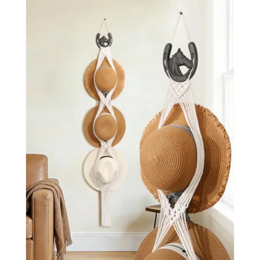 Macrame Wall Hat Rack Boho Hat Organizer Wall Mount with Cast Iron Horsehead Hanger Western Hat Holder for Women Wide Brimmed F