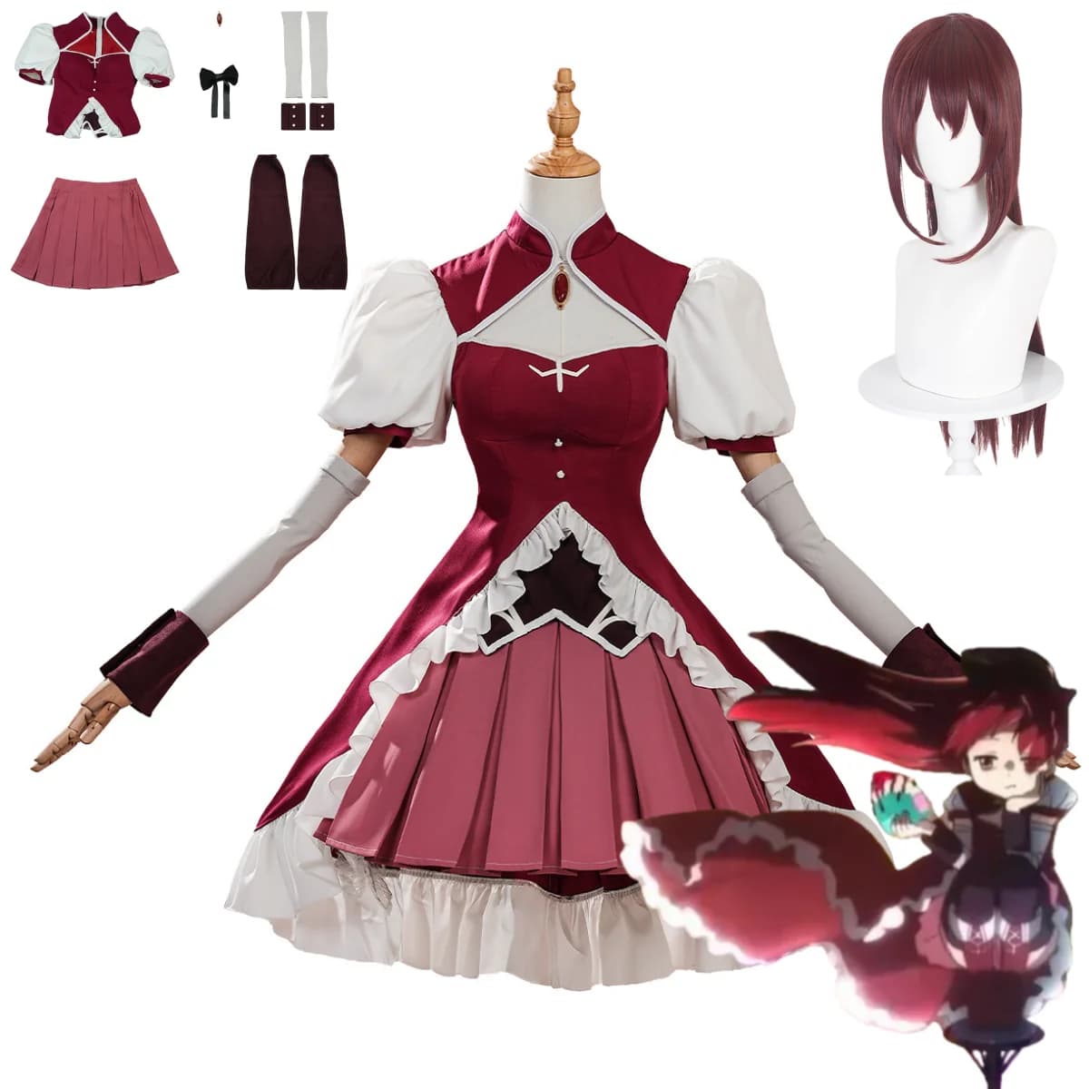 Costume Cosplay Anime Puella Magi Madoka Magica Walpurgisnacht Sakura Kyoko with Wig, Uniform Red Dress, Sexy Woman's Wig for Carnival