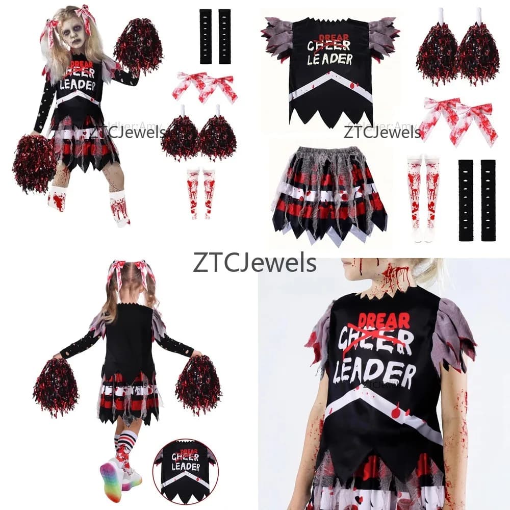 Costume da cheerleader zombie per bambini, set di abiti da Halloween, travestimento da leader morto spaventoso, outfit sanguinoso con pon pon e calzini per cosplay