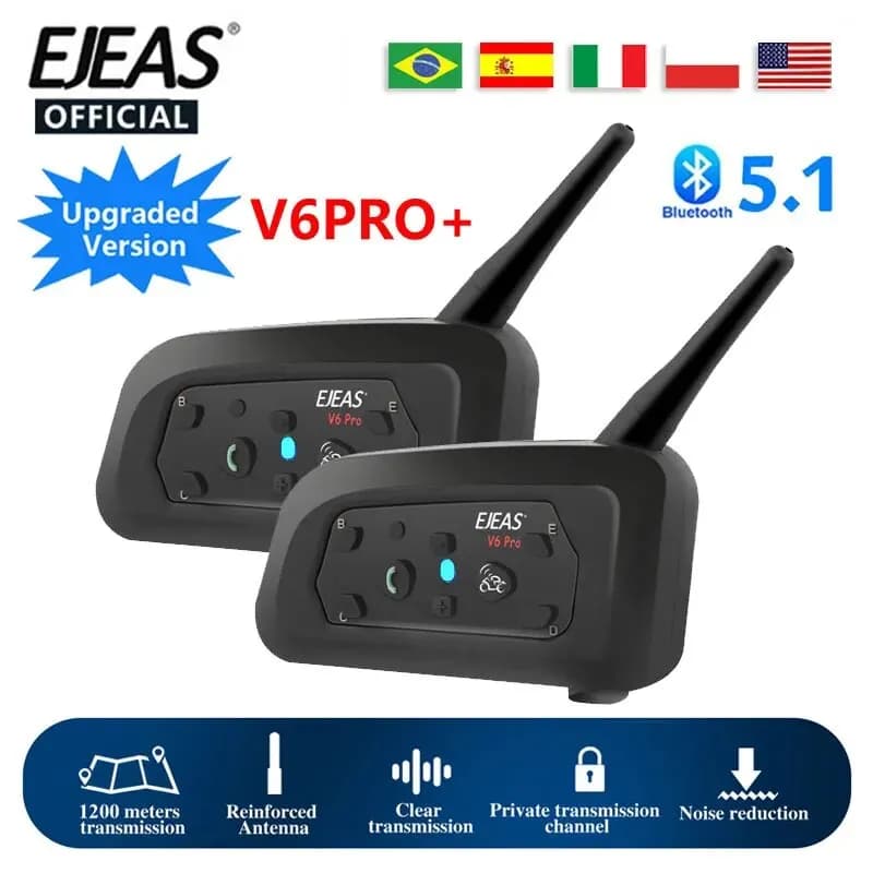 EJEAS V6 PRO + casco interfono moto auricolare Bluetooth 6 Riders 800m comunicatore impermeabile V5.1 lettore musicale interfono