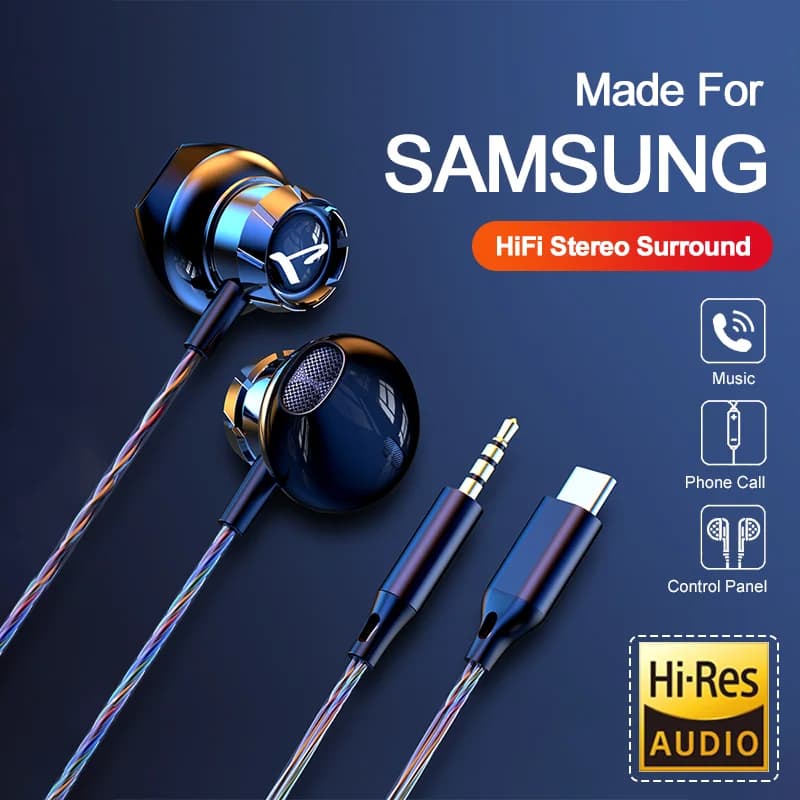 Per cuffie Samsung HiFi Surround Sound In Ear con microfono Musica Tipo C Tappi per le orecchie cablati da 3,5 mm per Samsung Galaxy S25 24 23 Ultra