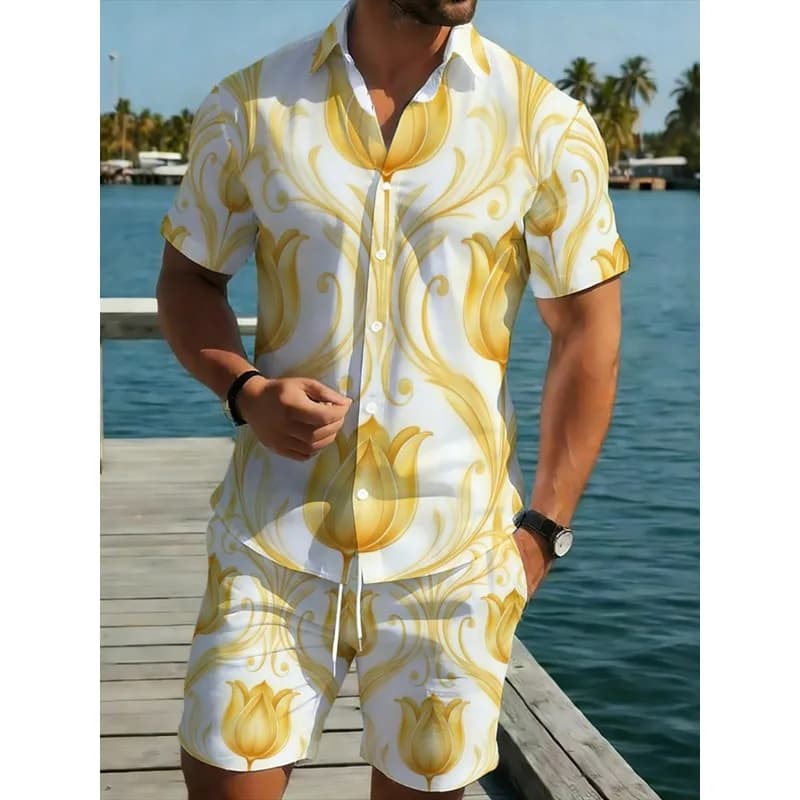 Men's Short Sleeve Shirt and Shorts Set Yellow Floral Lightweight Polyester Beach Vacation Casual Outfit