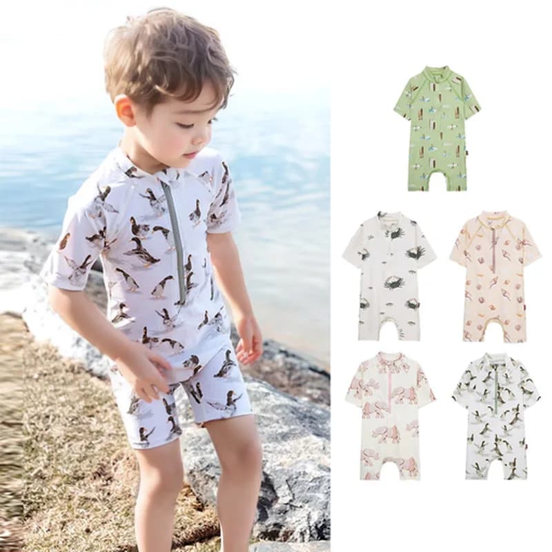 Summer swimsuit for children and girls 2026, printed whole costume for babies and girls with swim hat