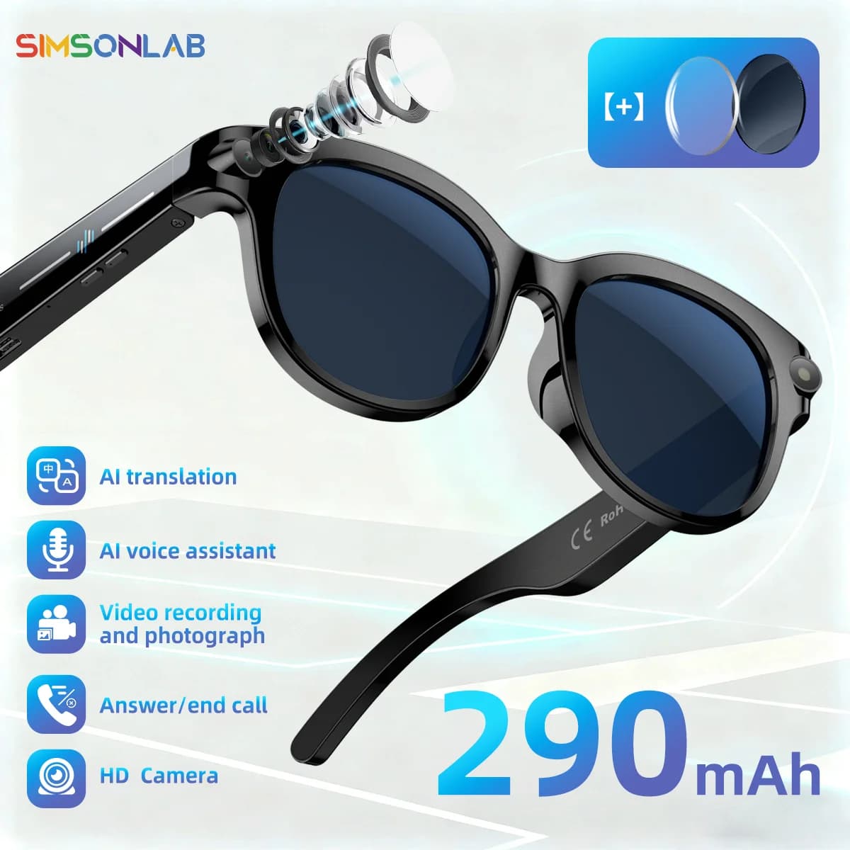 NEW smart glasses AI camera HD light LED translation AI Dial 290mAh battery meeting video recording outdoor sports sunglasses