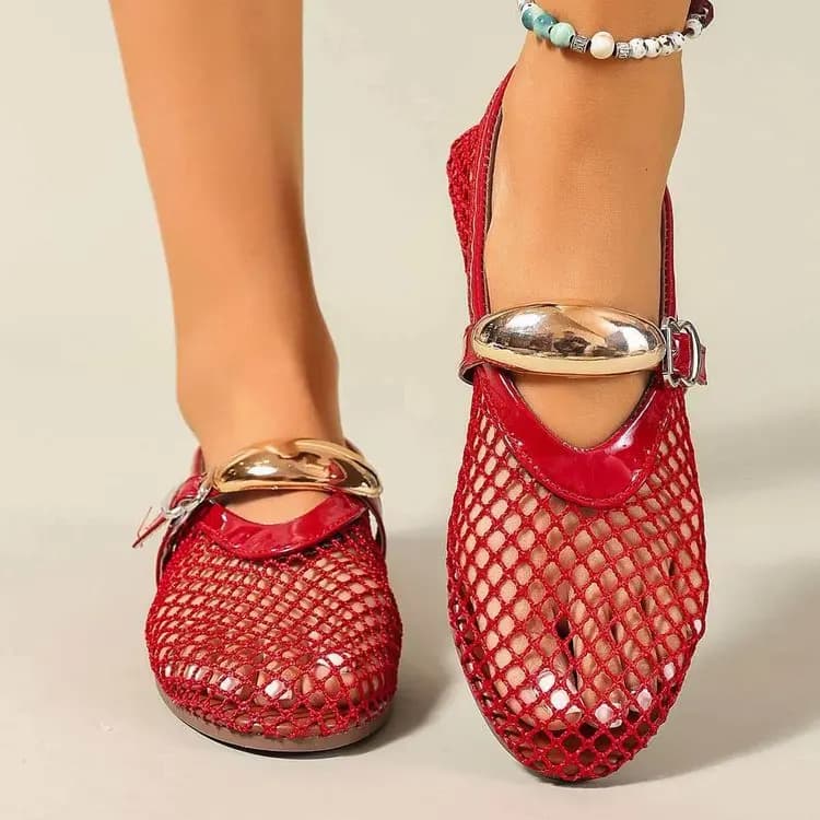 Sandali con fondo piatto con rete da pesca estiva Design cavo Fashio Taglio basso Bocca superficiale Comode scarpe da spiaggia romane Sandali da donna