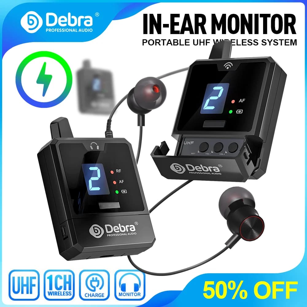 Debra UHF IEM wireless in-ear monitoring system - Mini UHF rechargeable for music audio monitoring and live broadcasts