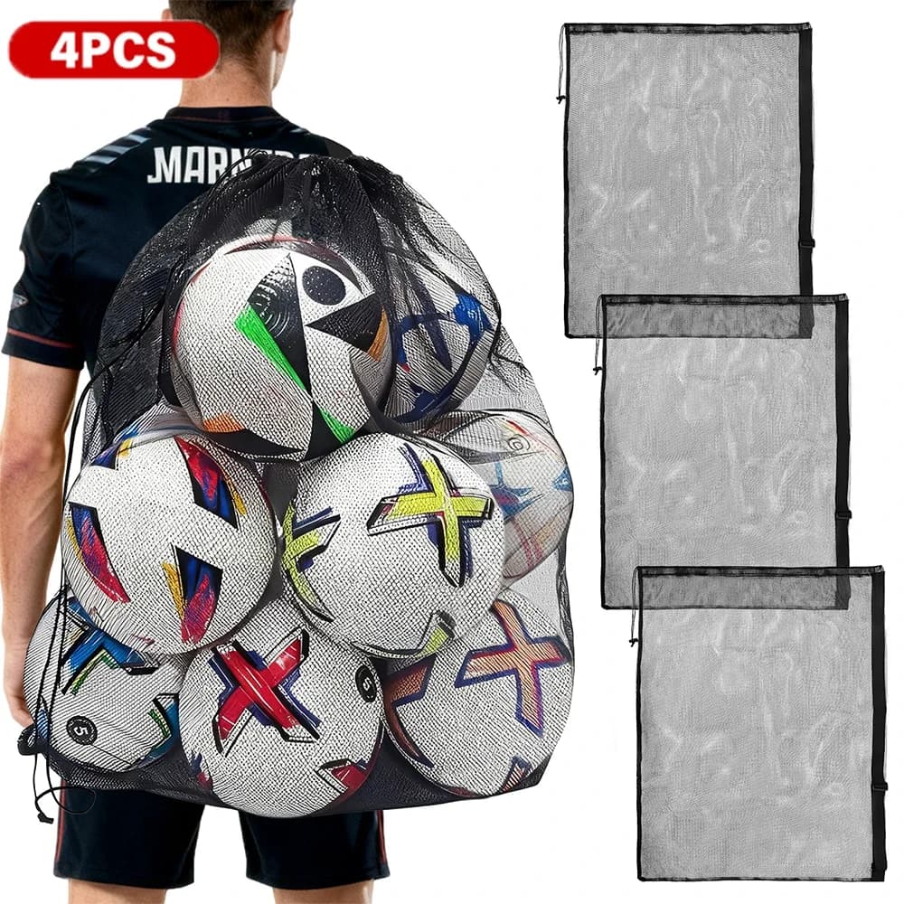 Set di 4 Borse a Rete per Palloni da Calcio Extra Large con Tracolla Regolabile, Borsa a Rete per Pallavolo e Basket