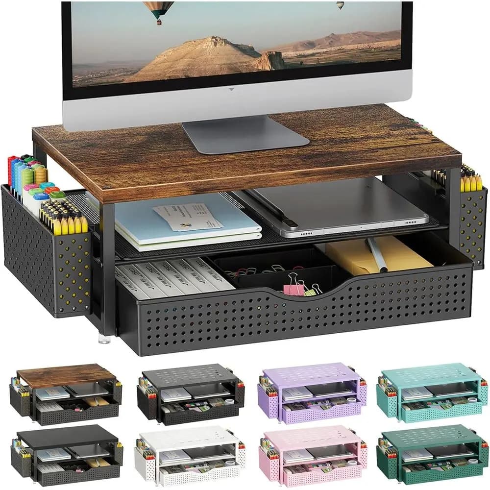 Desk Organizers and Accessories, Monitor Stand with Drawer and 2, Desktop Organizer Suitable for Offices and Dormitories (Wood-P