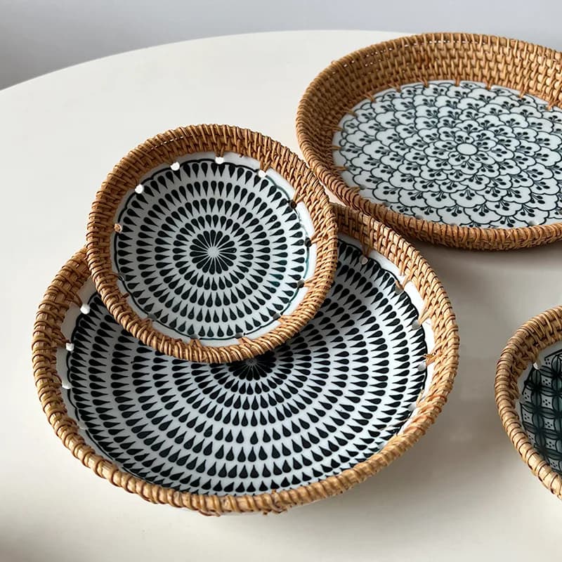 Nordic Light Luxury Autumn Rattan Woven Storage Tray Storage Basket Dried Fruit Table Cake Point Storage Ceramic Fruit Plate