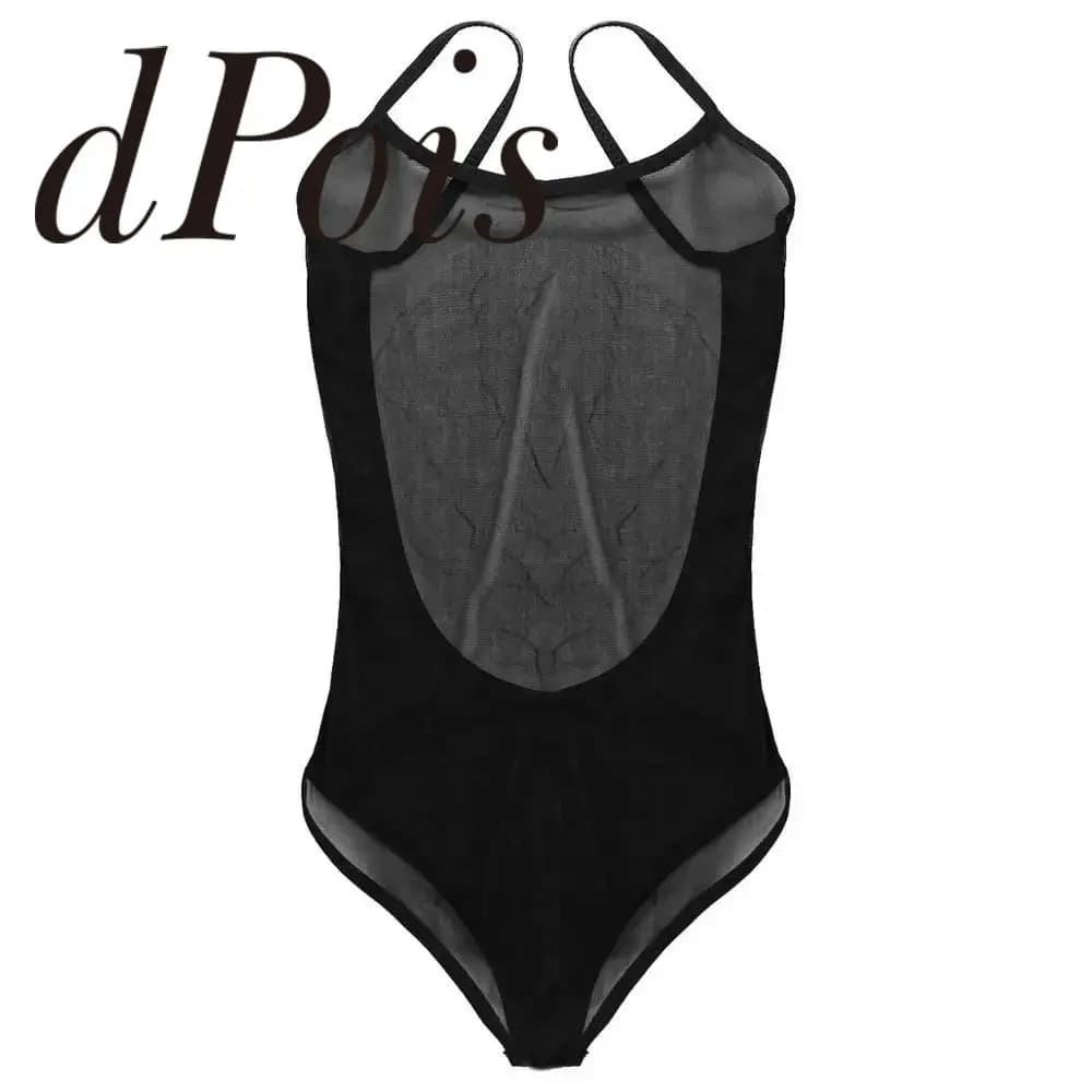 Costumi da bagno interi da donna sexy in rete trasparente, lingerie con scollo a U profondo, spalline sottili, body a leotard