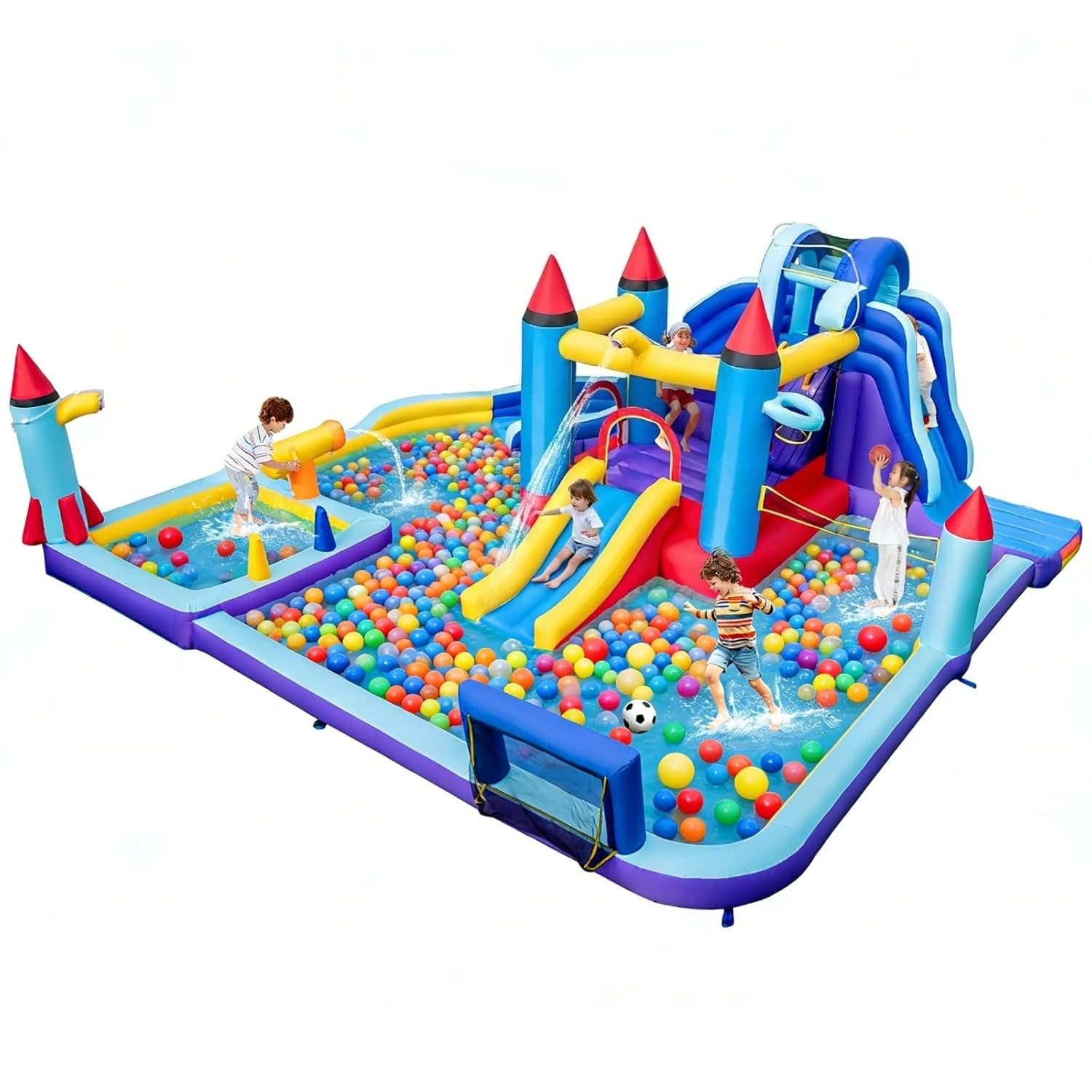 Parco Acquatico Gonfiabile 10-in-1 con Doppio Scivolo, Piscina, Porta da Calcio, Area Salto, per Feste all'Aperto in Giardino, Personalizzabile
