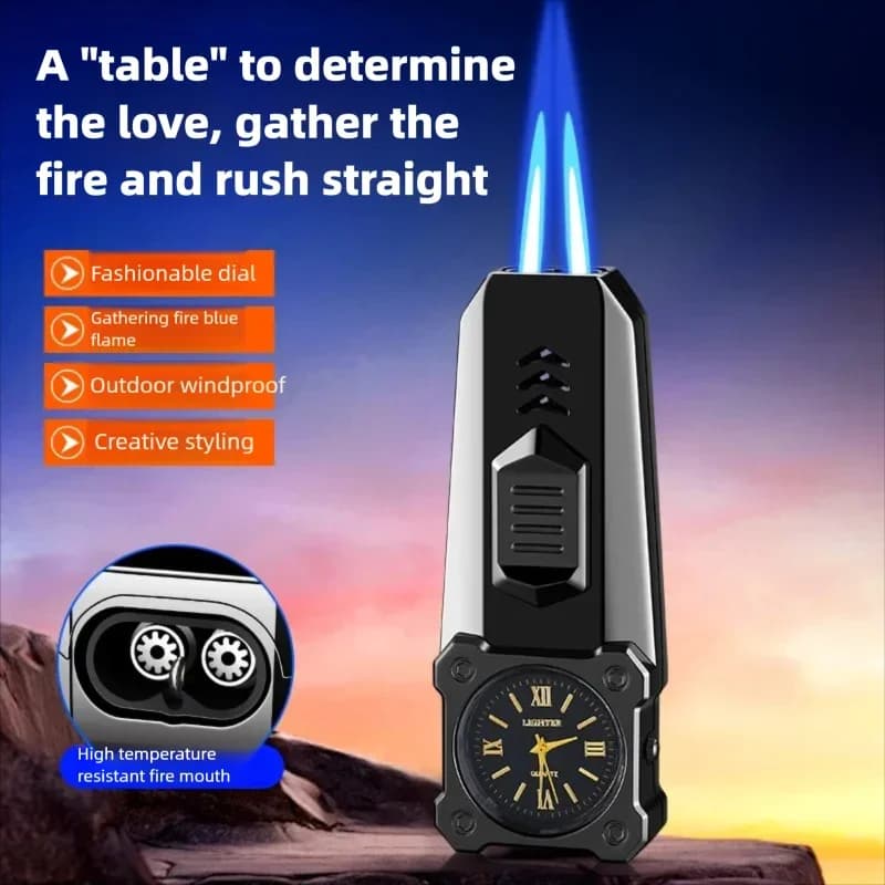 Outdoor BBQ Dual Jet Flame Small Torch Lighter, Compact Hand‑Held Lighter with Watch, High‑Power Cigar Lighter Smoke Accesoires