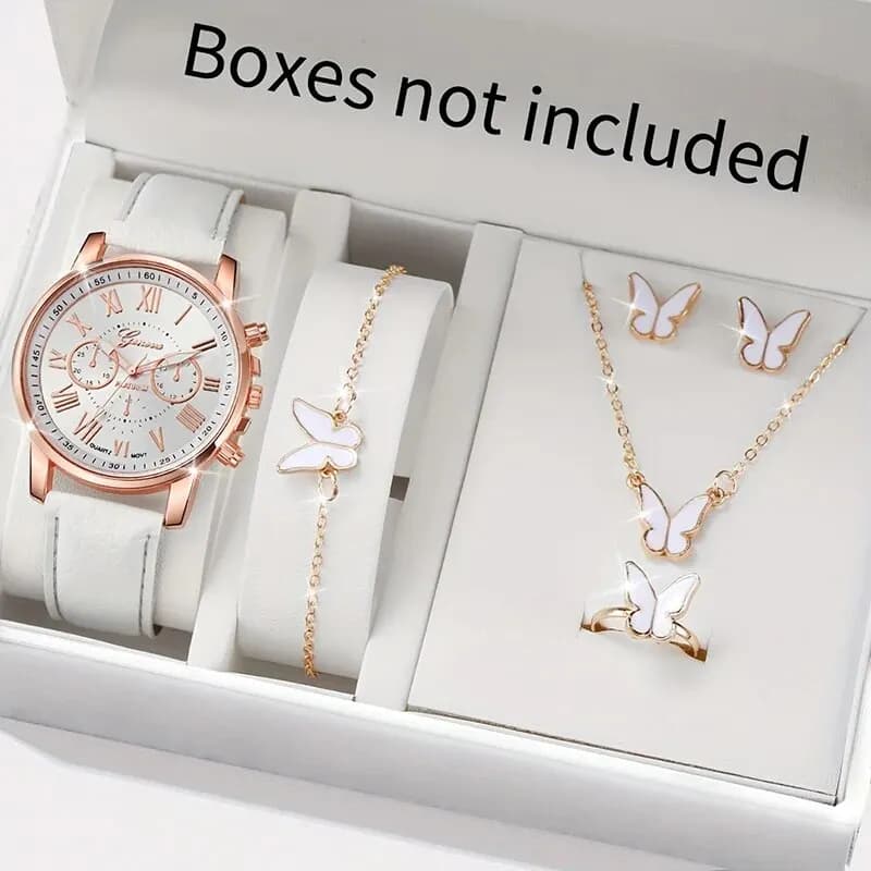 6 piece fashion women's watch business quartz watch white leather butterfly necklace bracelet wrist watch
