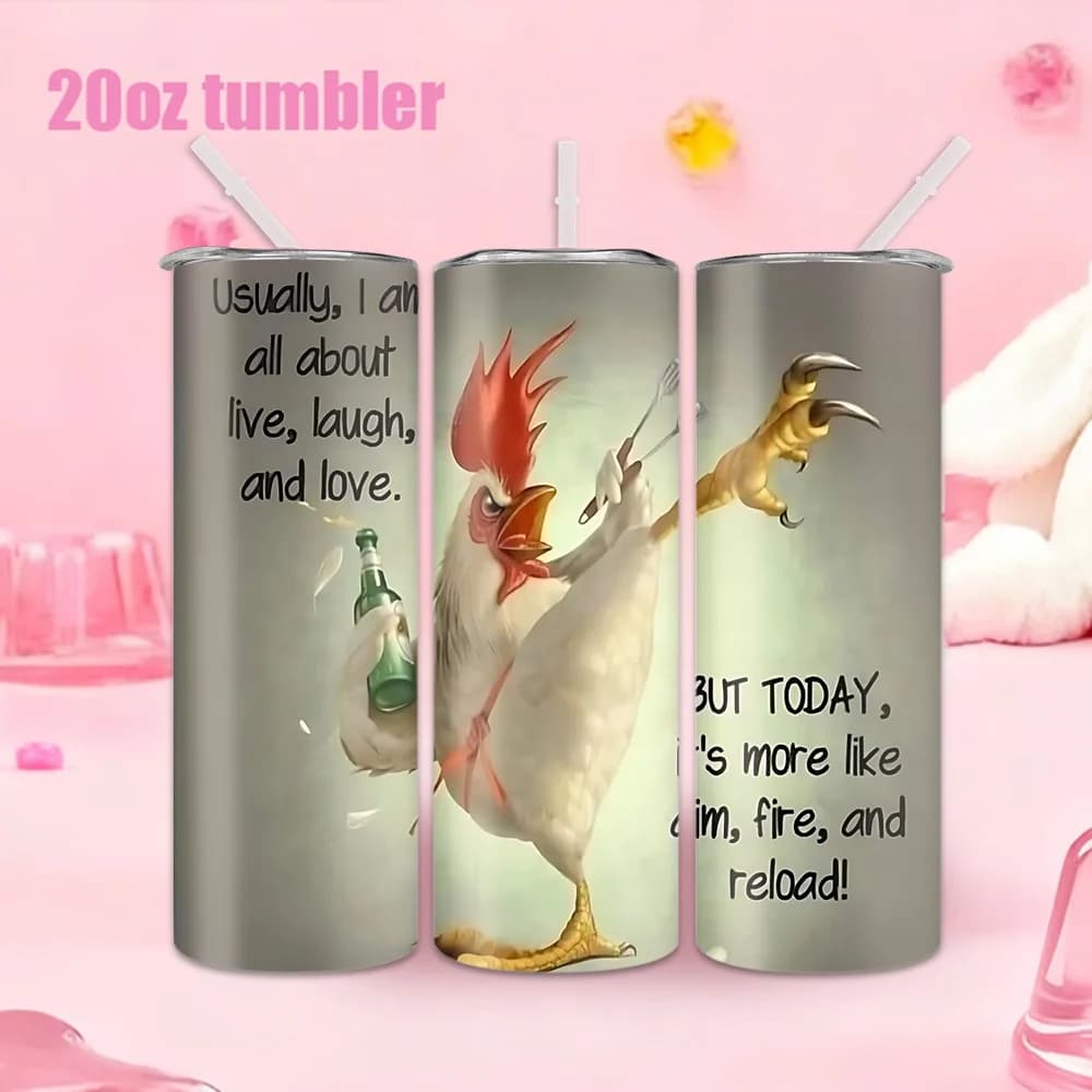 1 bottiglia/tazza in acciaio inossidabile con motivo a forma di gallo arrabbiato che tiene una bottiglia di vino e un forchettone - 20oz (591ml) - In