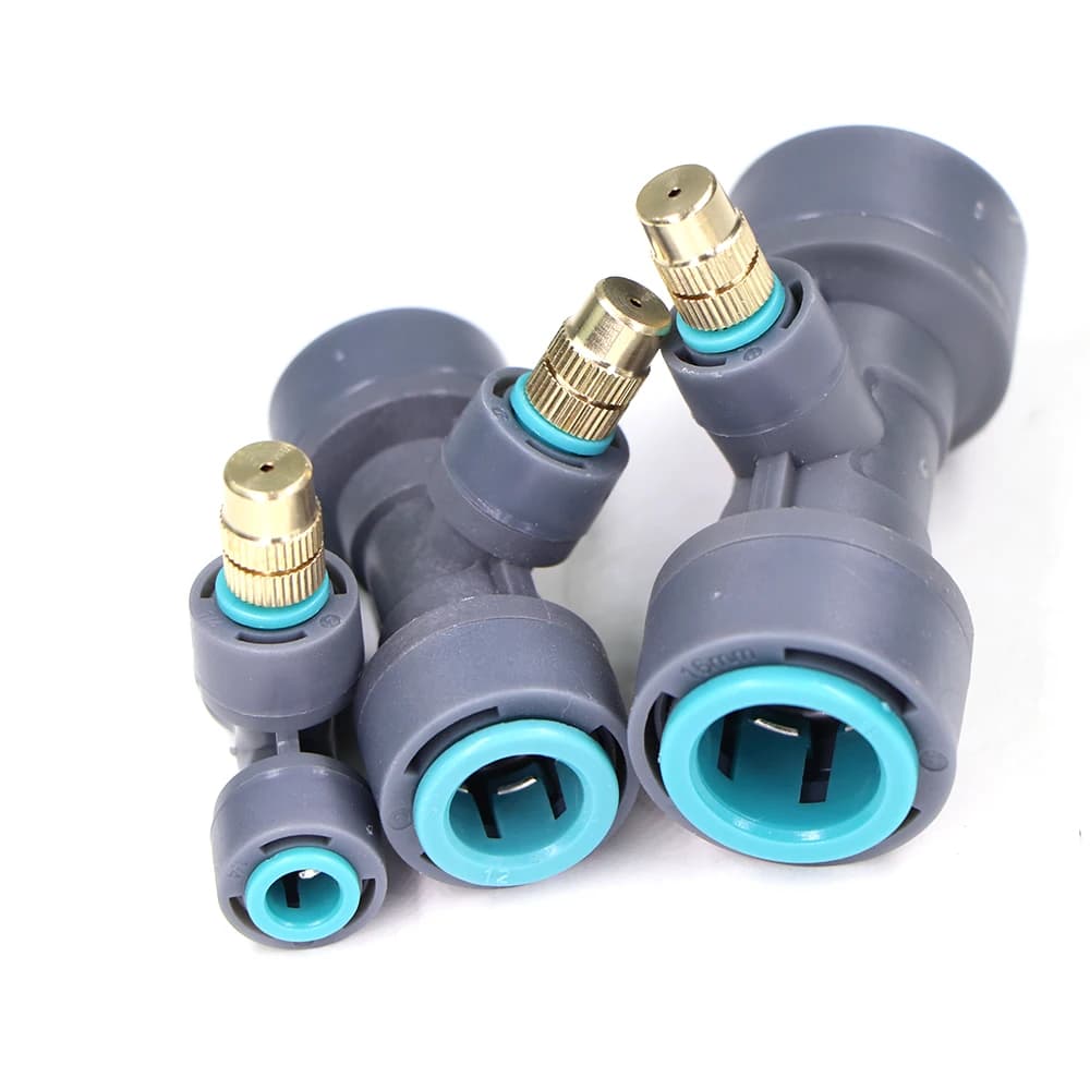 Adjustable brass nebulizer with T for flexible pipe in PE OD-6mm 12mm 16mm Garden Atomizer Sprayer Sprinkler