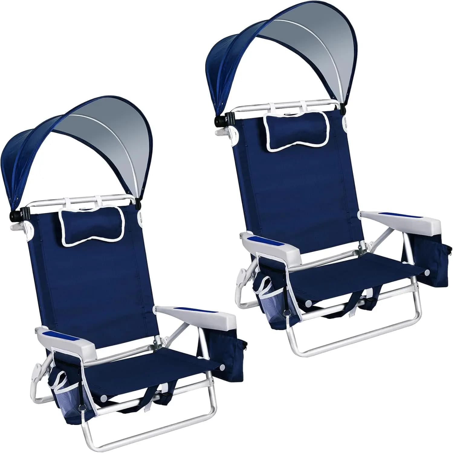 Extra Wide Beach Chair with Canopy Shade, 2 Pack Aluminum Folding Chairs with Detachable & Adjustable Umbrella, 5-Position Lay Flat, Cooler Bag, Cup & Phone Holder, Towel Bar, Navy Blue