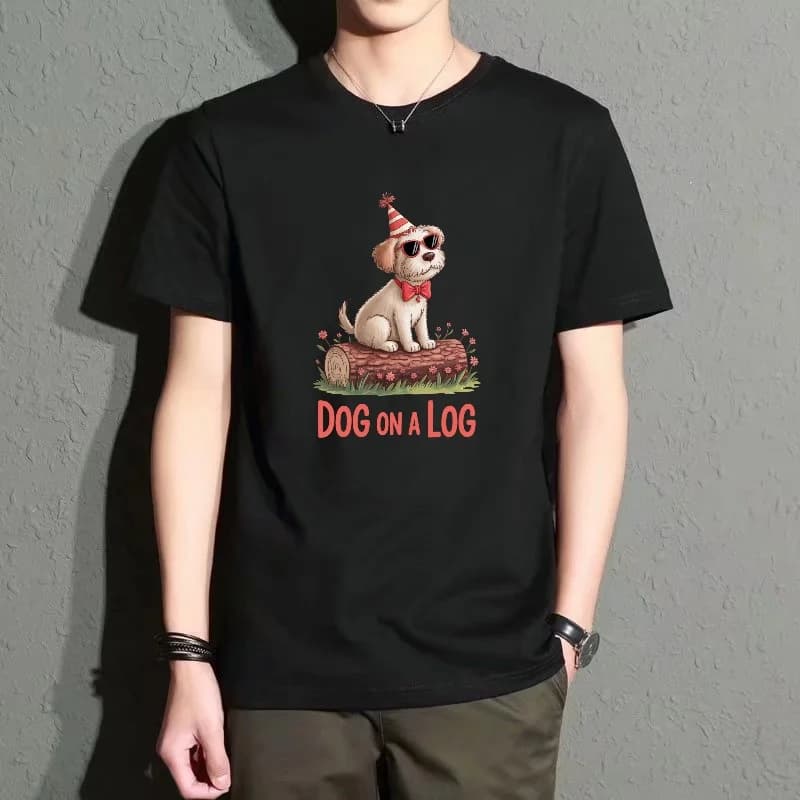 Men's Black Round-Neck Short-Sleeved T-Shirt, Fun Puppy Print Casual Top, Versatile for Everyday Outings, Comfortable, Breathable and Trendy Item