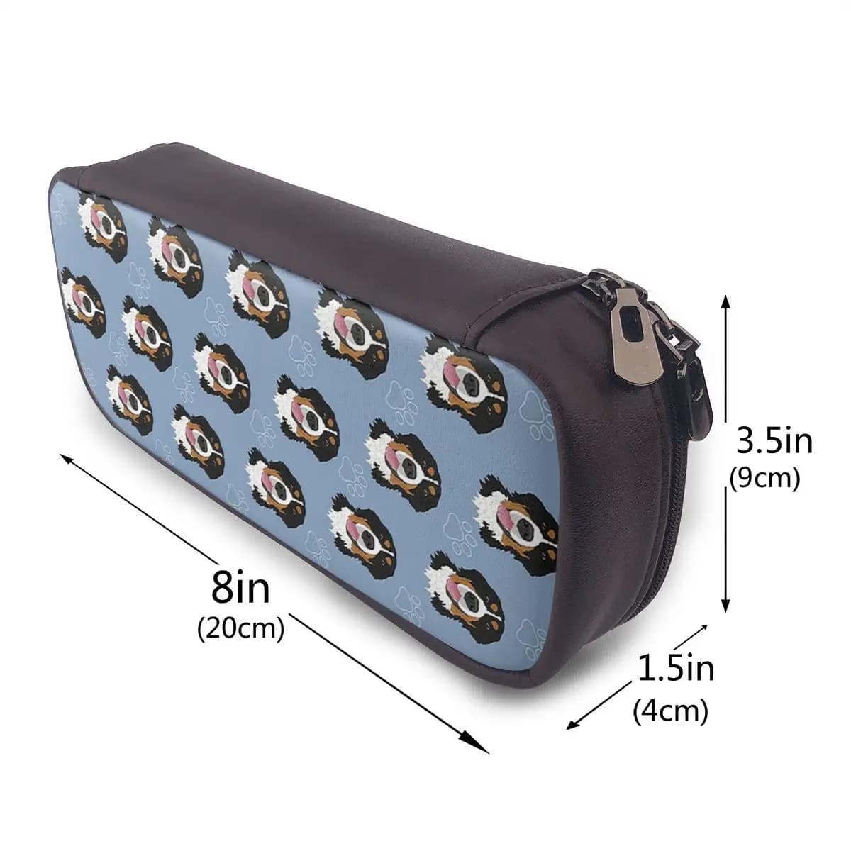Bernese Mountain Dog -blue Leather Pencil Cases Pencil Pouch Stationery Supplies Large Storage Pen Box Pencil Bag for Boys Girls