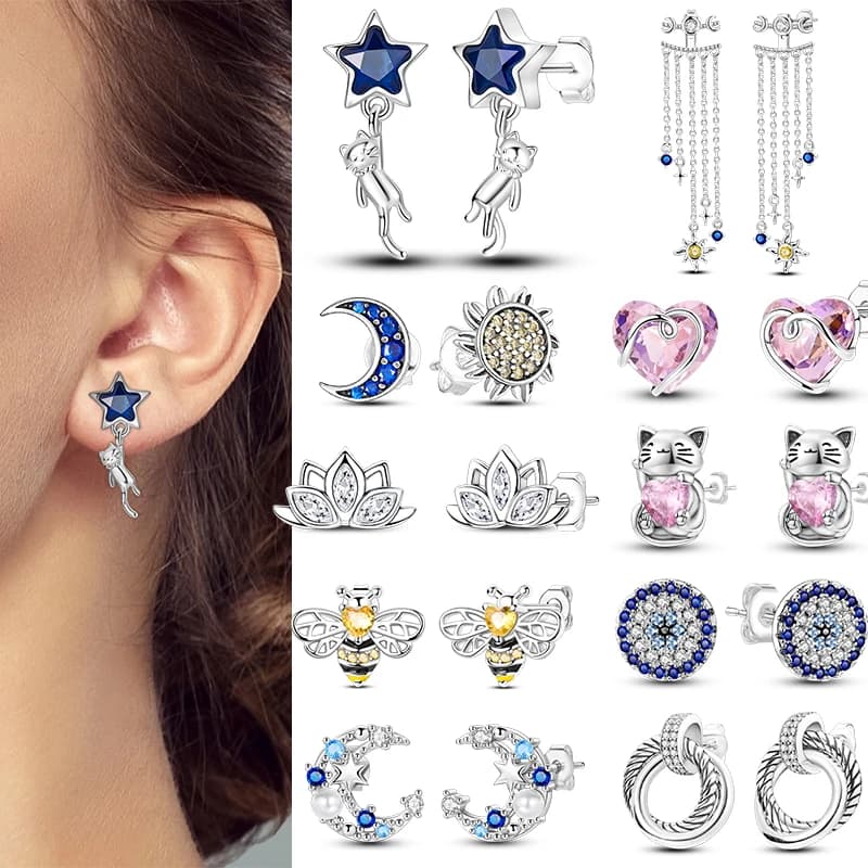 925 Sterling Silver Stud Bee Heart Tassel Star Earring For Woman Date Party Female Jewlery