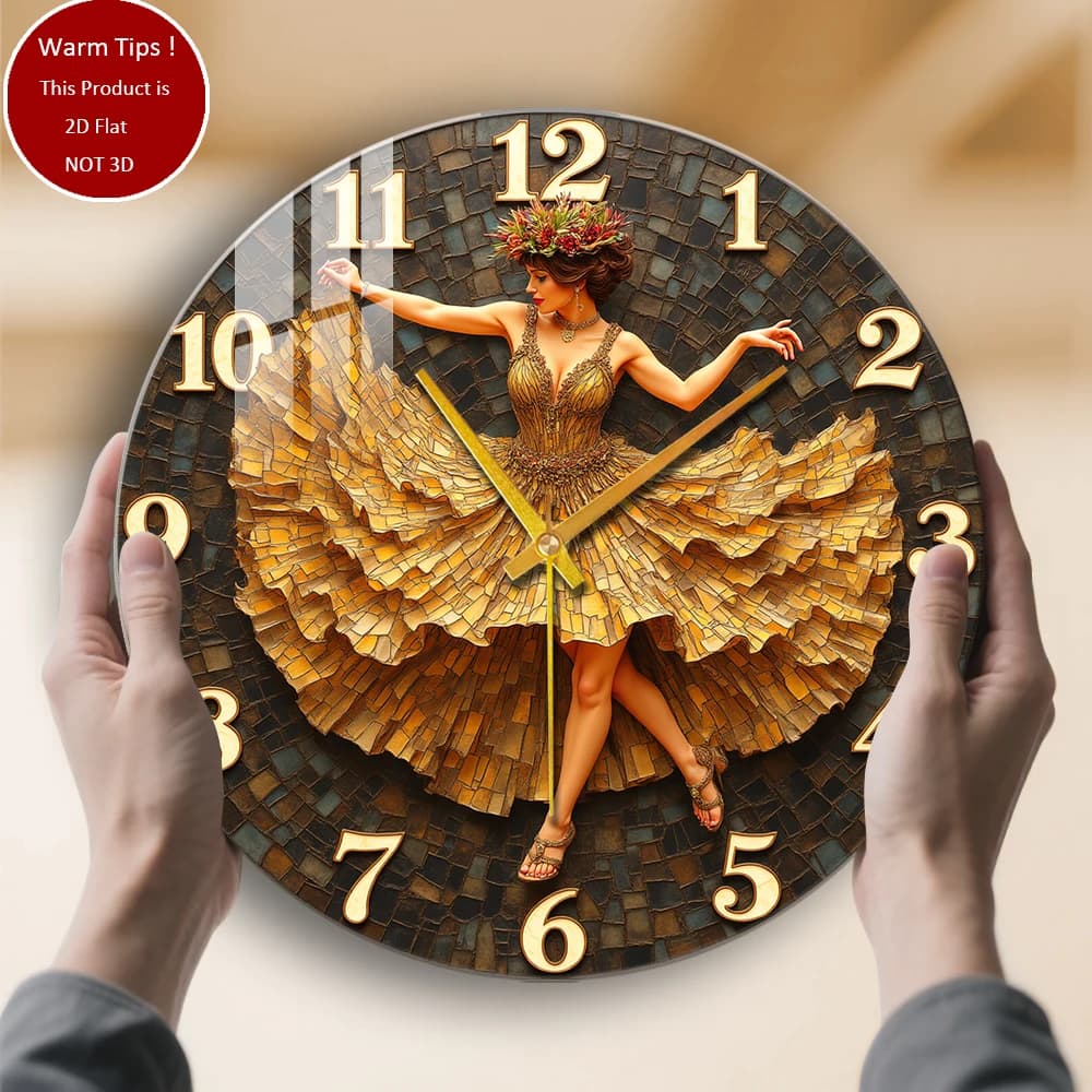 Tempered Glass Wall Clock Dancer with mosaic Dress suitable for wall decorations or table displays everywhere