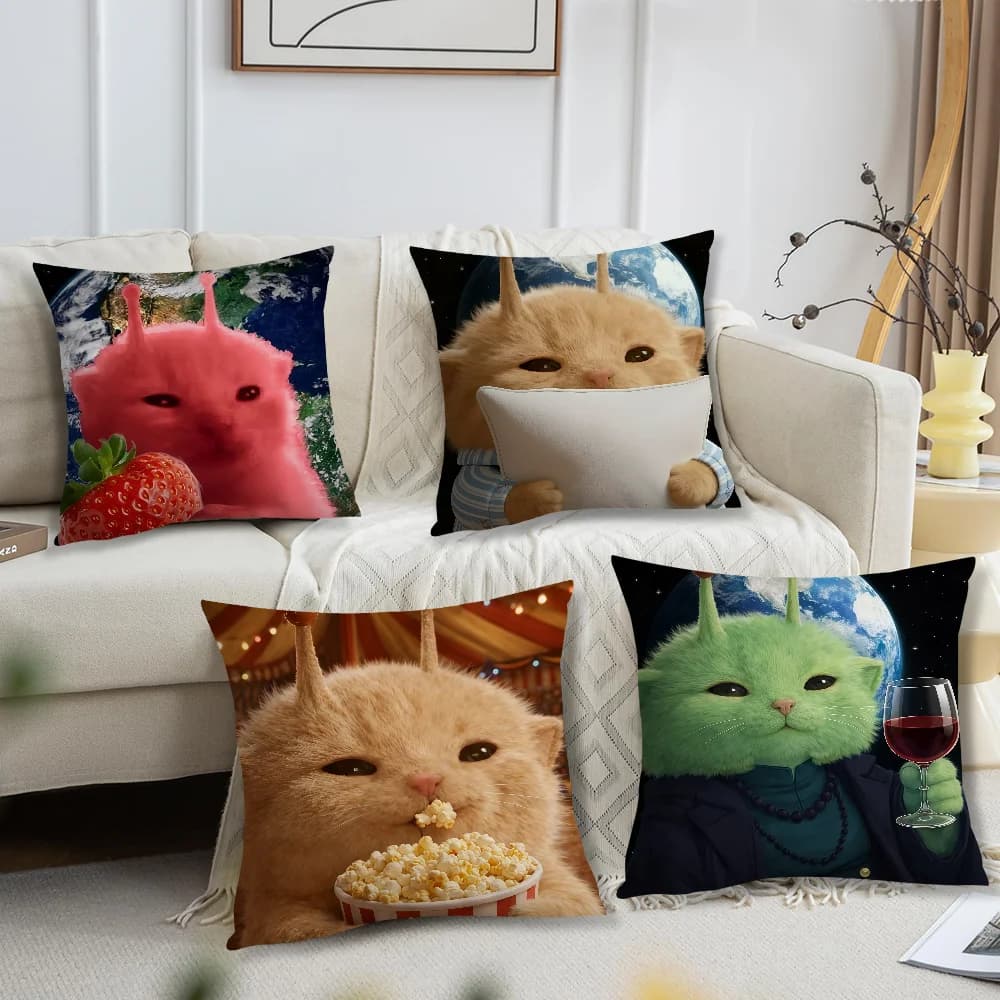 A yellow alien cat is in front of the EarthS cushion cover For Pillow Printing Sofa Decoration Car Room Office Nordic Simplicity
