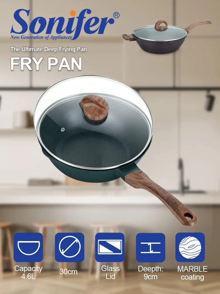 Wok Pan Sonifer SF-1107 32cm 5.5L Die Cast Aluminum Marble Non Stick Deep Fry Pan with Glass Lid for Kitchen Cooking