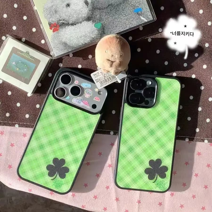 Ins Green Four-Leaf Clover Grid Phone Case For iPhone 17AIR 17 16 15 14 13 12 11 Pro Max 7 8 Plus Mini X XR XS Y2K Sweet Cover