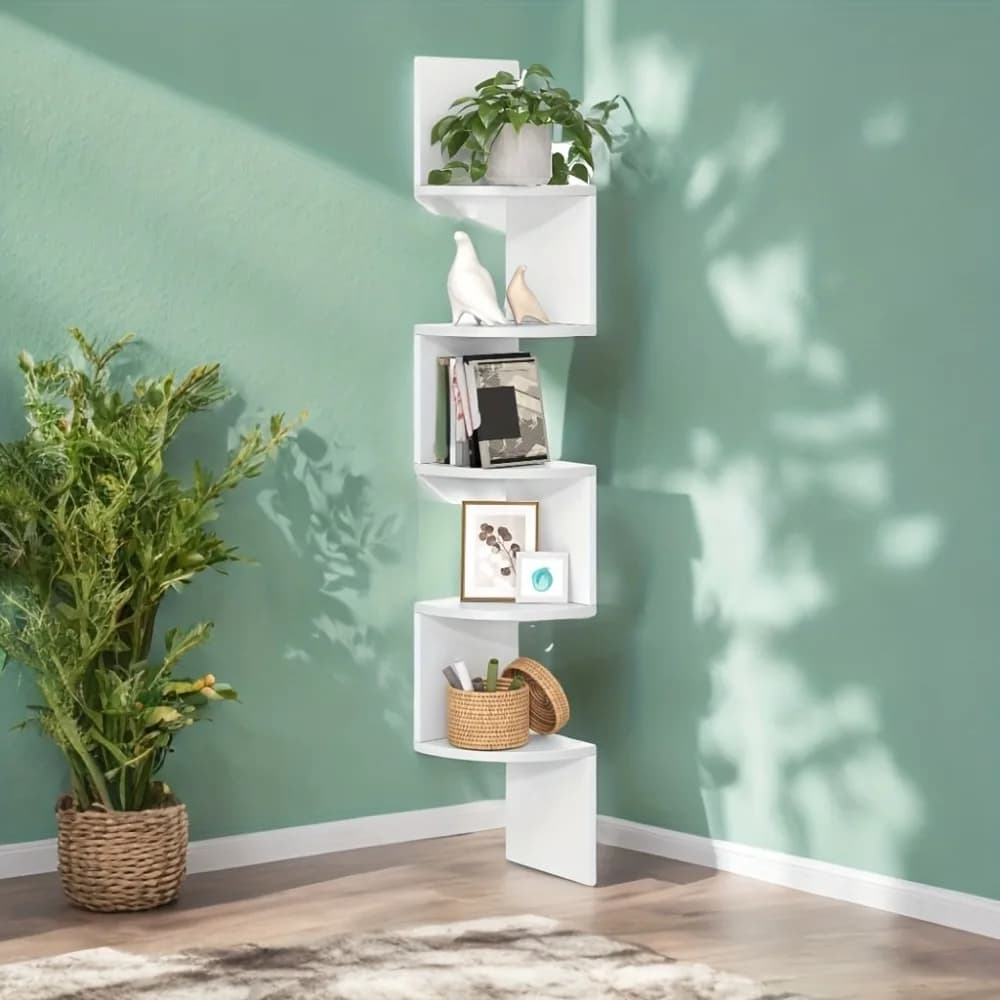 5-Tier Rustic Floating Corner Shelves, Wall-Mounted Space-Saving Storage Organizer, Radial Display Rack for Bedroom, Living Room