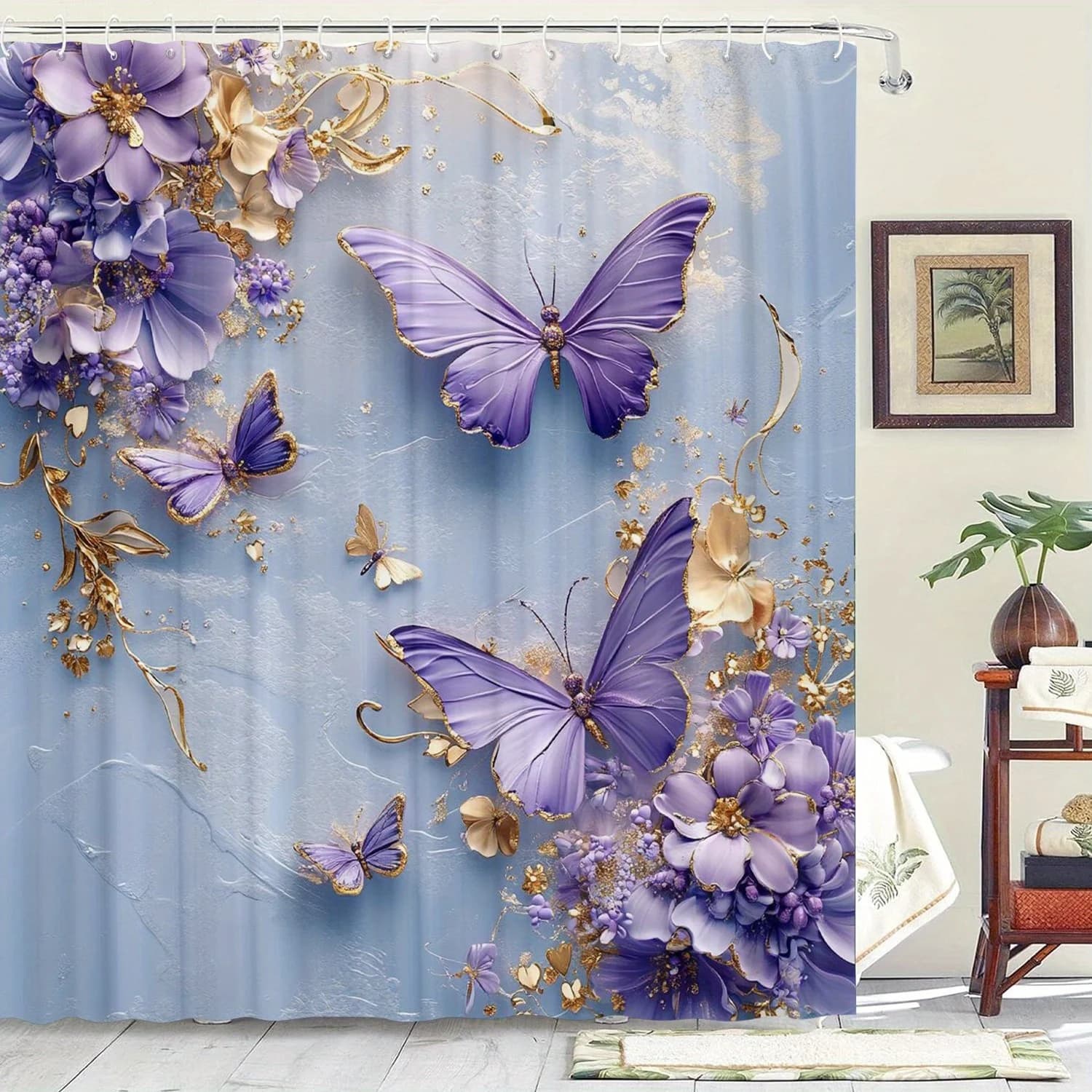 Tenda da doccia stravagante con farfalle e lavanda - Tessuto resistente all'acqua per il bagno - Ideale per gli amanti della natura e del fiore